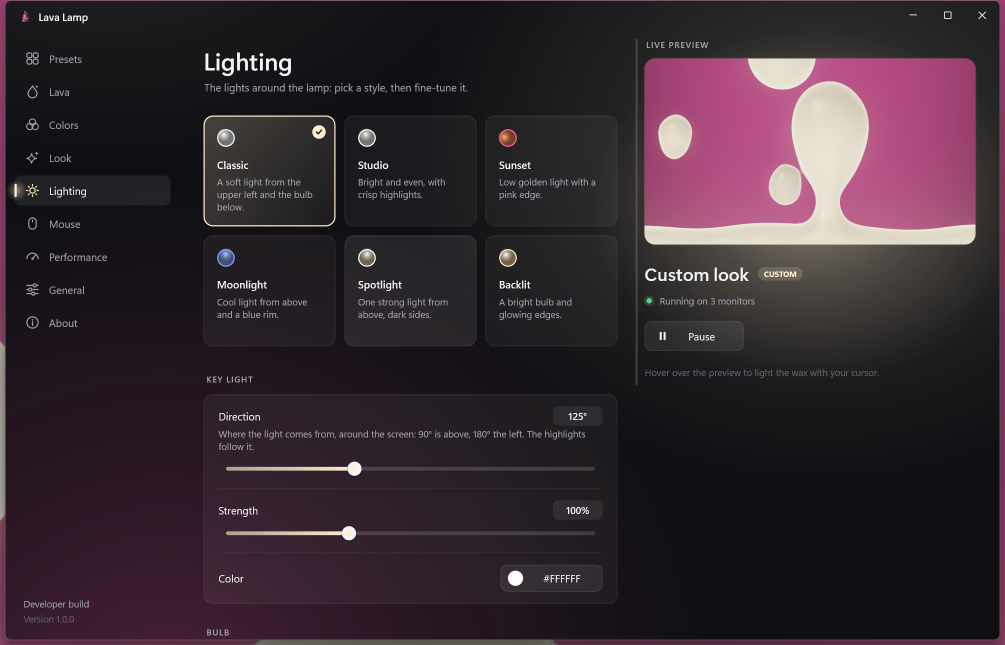 The Lighting page with six lighting styles and fine-tuning sliders