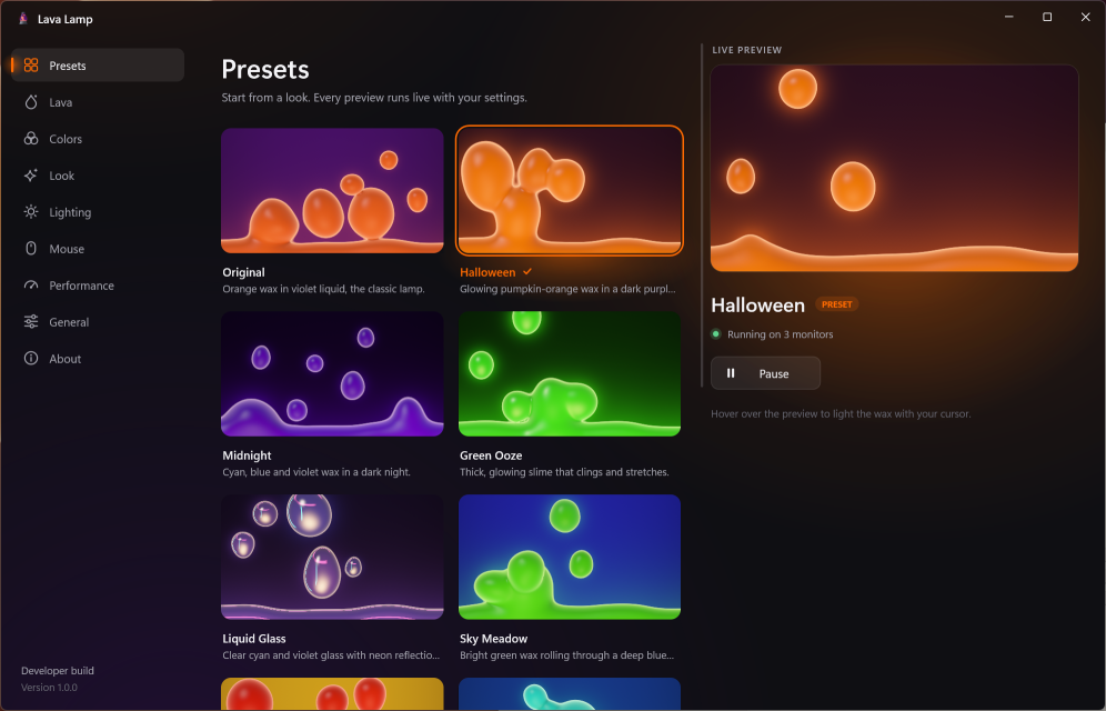 The settings window with a gallery of live lava lamp presets