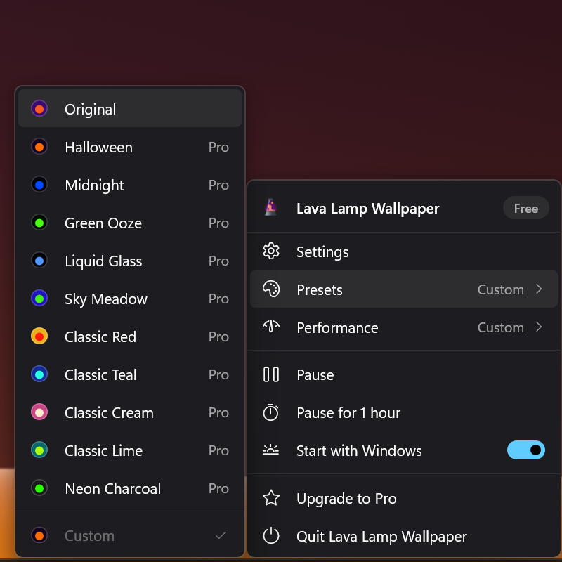 The tray menu with presets, performance, pause and the screensaver